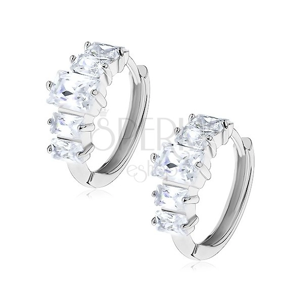 Earrings in silver colour - hoop decorated with rectangular zircons