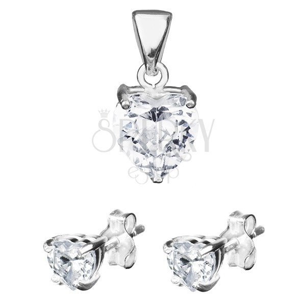 Silver set - heart-shaped earrings and pendant, zircon on pad