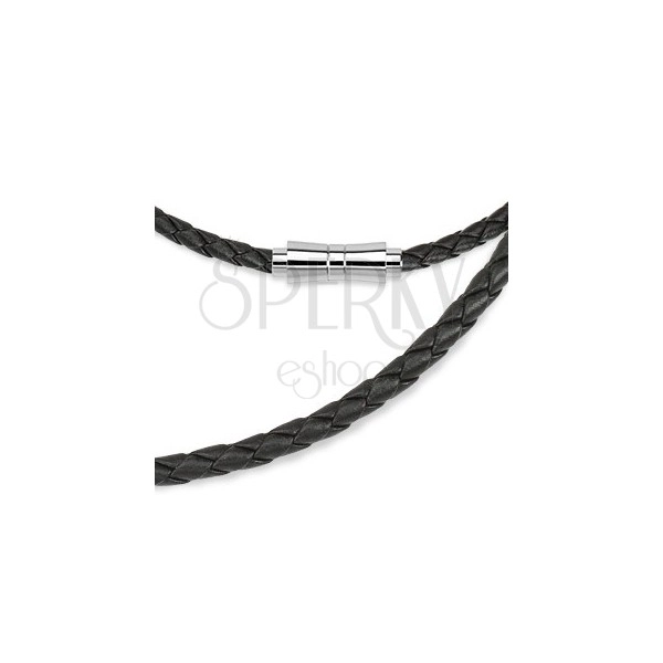 Leather string made of intertwined strips with magnetic fastening