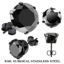 Black stud earrings made of steel - black zircon in mount