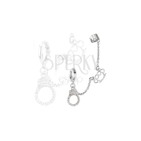 Steel earring with chain - zircon handcuffs and brass knuckles