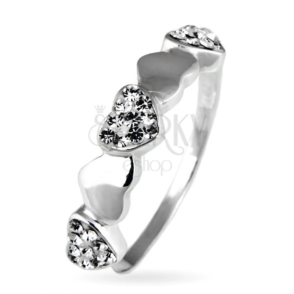 Silver ring - shimmering and smooth hearts