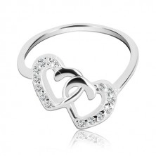 Silver ring - intertwined hearts inlaid with zircons