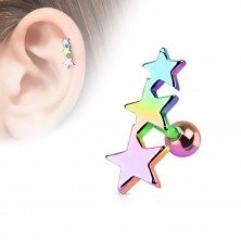 Stainless steel ear piercing - three stars joined together, a ball, various colours