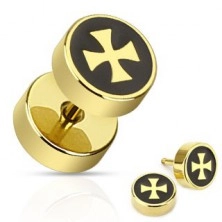 Fake ear plug - gold cross on a black background