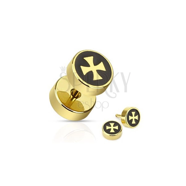 Fake ear plug - gold cross on a black background