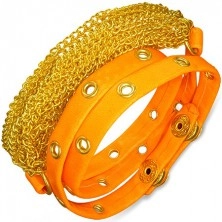 Artificial leather bracelet - gold chains, neon orange studded stripe