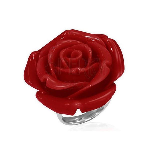 Ring made of steel - red rose in bloom made of resin