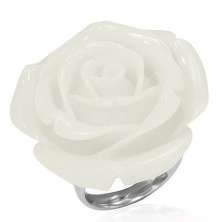 Steel ring - white resinous rose in bloom