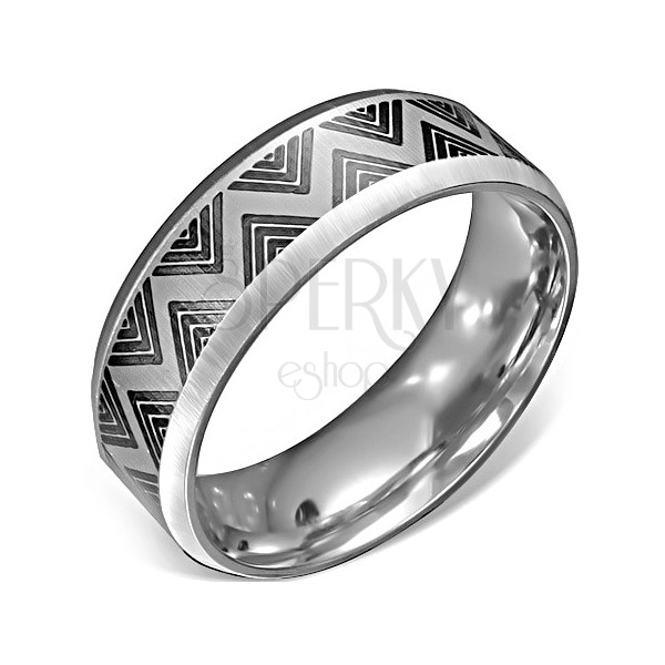 Steel ring - satin surface with black zigzag pattern